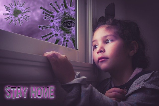 girl looking out window at virus