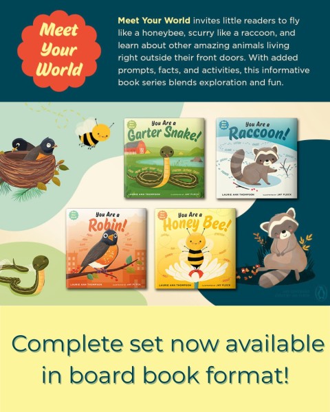 Shows the covers of all four Meet Your World books and the text, "Complete set now available in board book format!"